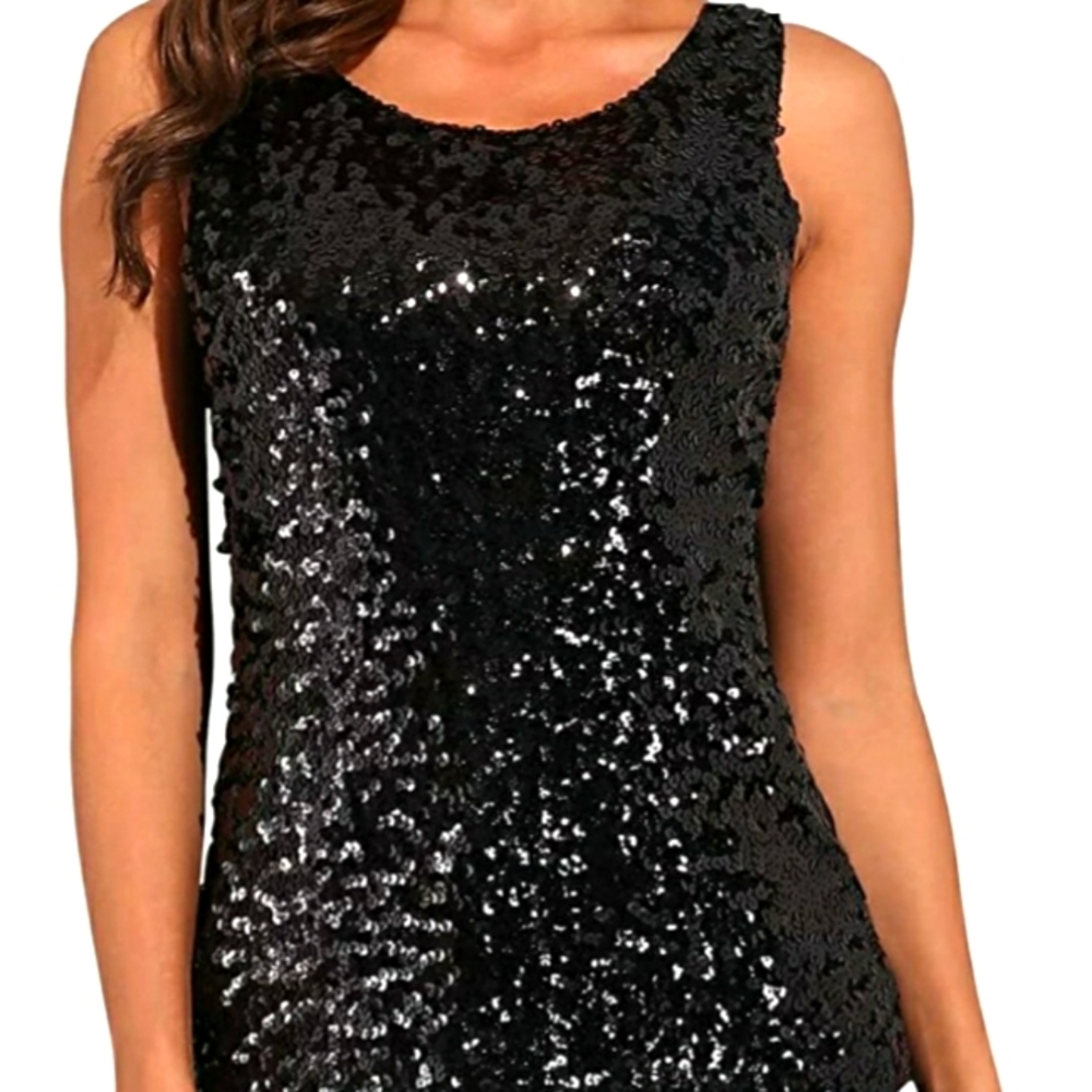 Women's Glittery Black Sequin Tank Top